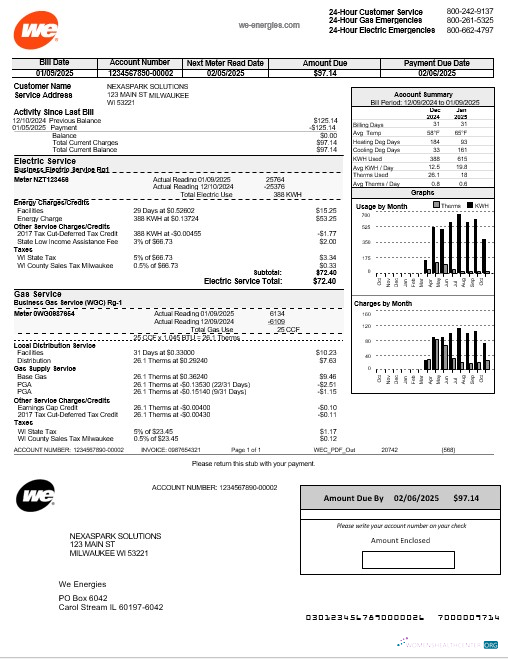 USA Wisconsin We Energies electricity business utility bill template in Word and PDF formats